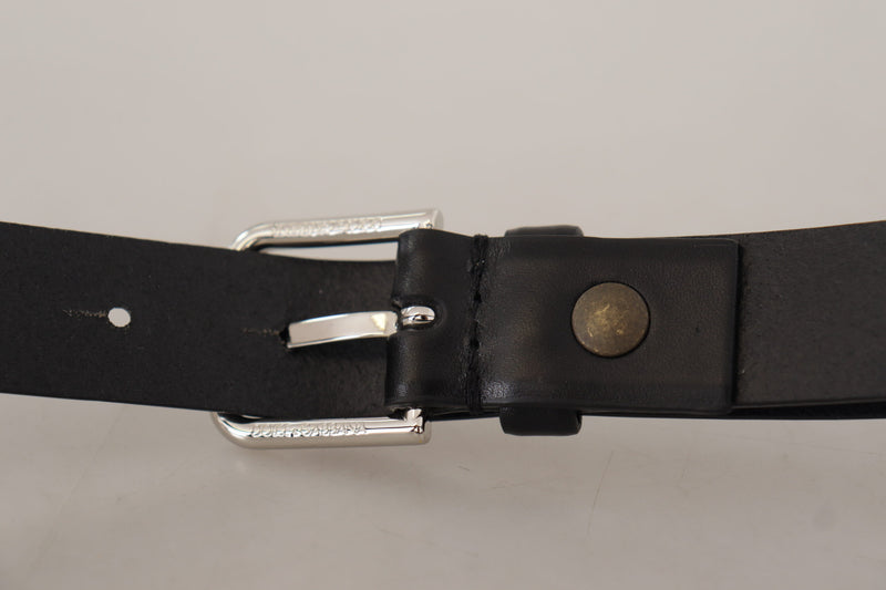 Black Calf Leather Silver Tone Logo Buckle Belt