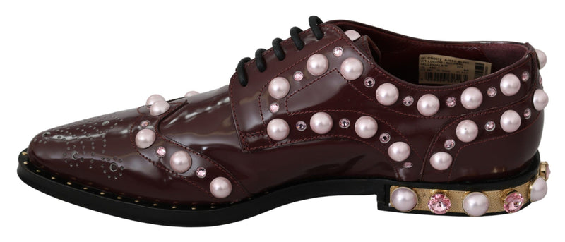 Bordeaux Leather Crystal Pearls Formal Shoes