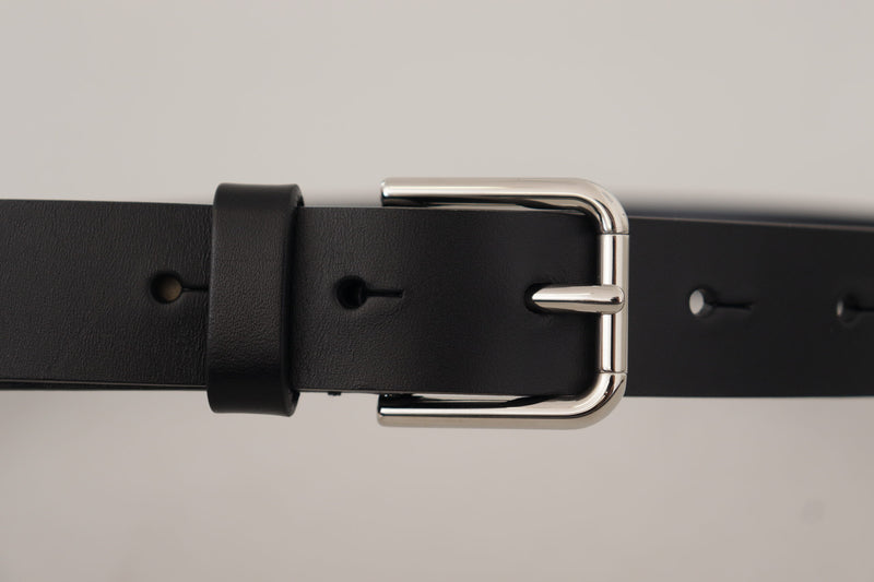 Black Calf Leather Silver Tone Metal Buckle Belt