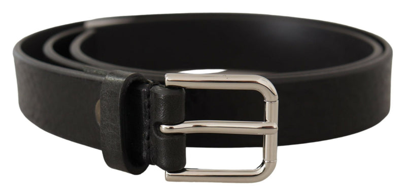 Black Calf Leather Silver Tone Logo Metal Buckle Belt