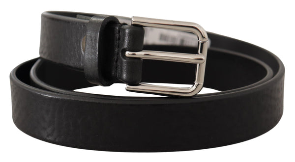 Black Calf Leather Silver Tone Logo Metal Buckle Belt