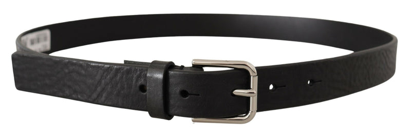 Black Calf Leather Silver Tone Logo Metal Buckle Belt