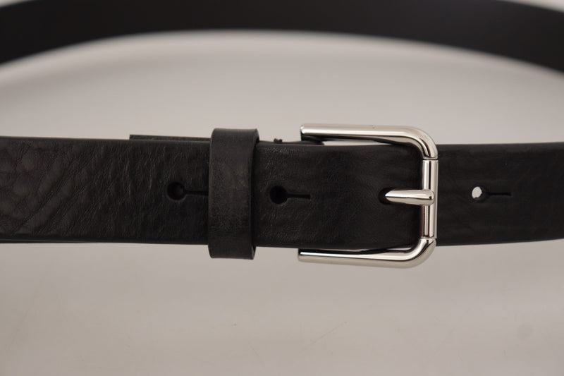 Black Calf Leather Silver Tone Logo Metal Buckle Belt