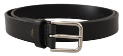 Black Calf Leather Silver Tone Metal Buckle Belt