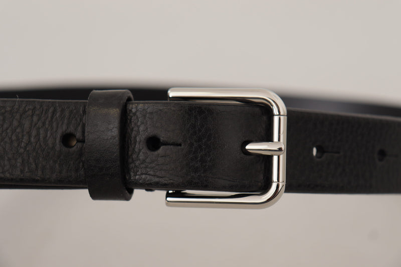 Black Calf Leather Silver Tone Metal Buckle Belt