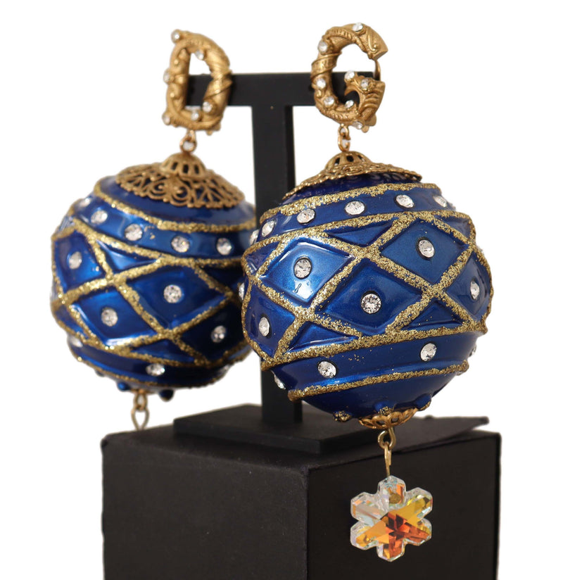 Gold Brass Blue Christmas Ball Crystal Clip On Earrings