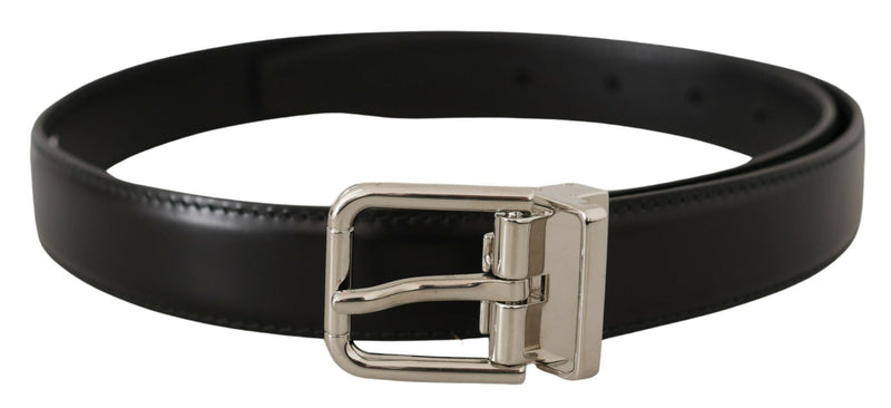 Black Calf Leather Logo Engraved Metal Buckle Belt