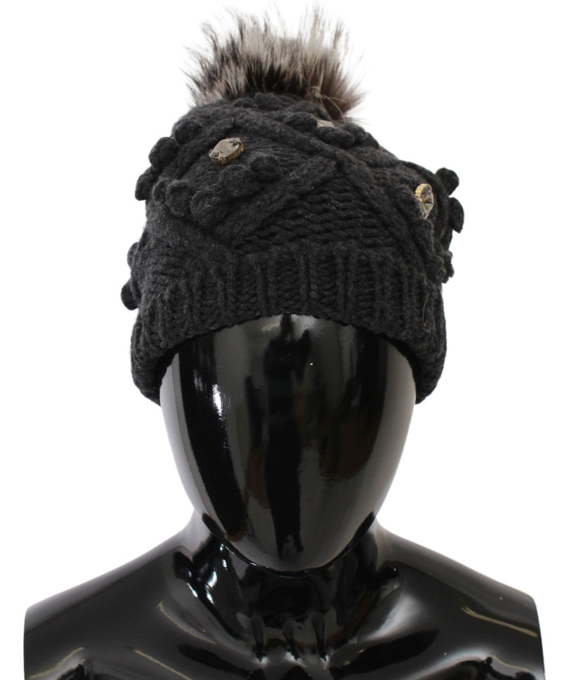 Gray Cashmere Fur Crystal Winter Beanie Hat