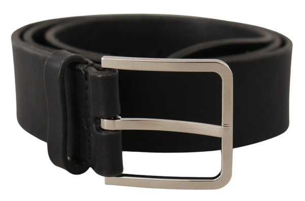 Black Calf Leather Wide Silver Metal Buckle Belt