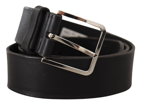 Black Calf Leather Wide Silver Metal Buckle Belt