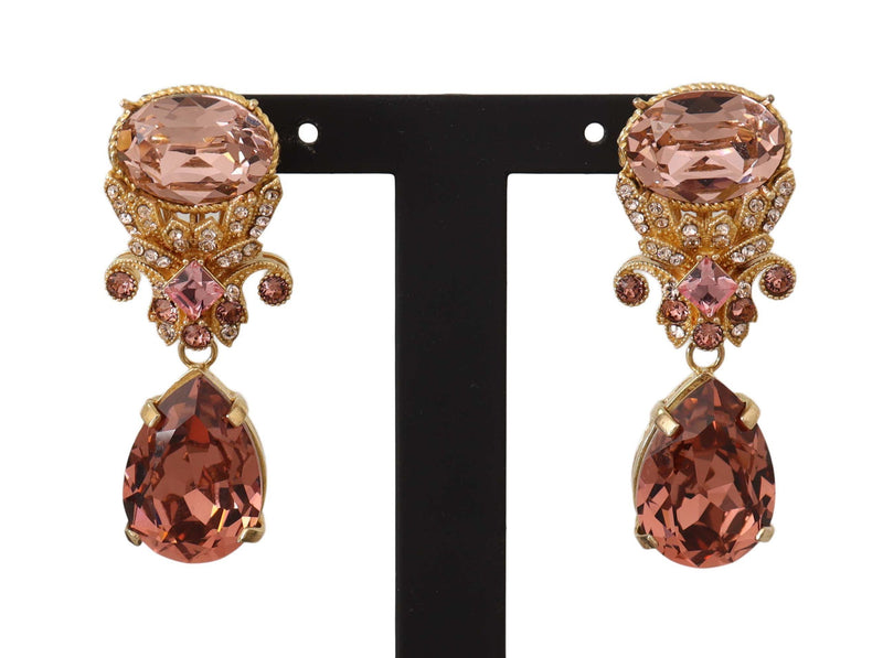 Gold Brass Dangling Pink Crystals Clip On Earrings