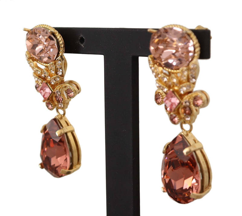 Gold Brass Dangling Pink Crystals Clip On Earrings