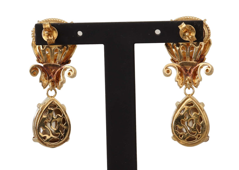 Gold Brass Dangling Pink Crystals Clip On Earrings