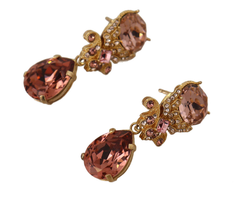 Gold Brass Dangling Pink Crystals Clip On Earrings