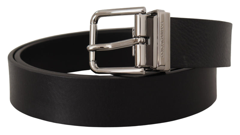 Black Calf Leather Logo Engraved Metal Buckle Belt