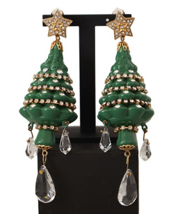 Gold Christmas Tree Crystals Brass Clip On Earrings