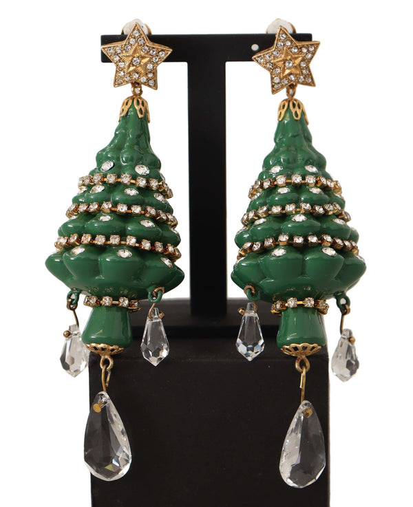 Gold Christmas Tree Crystals Brass Clip On Earrings