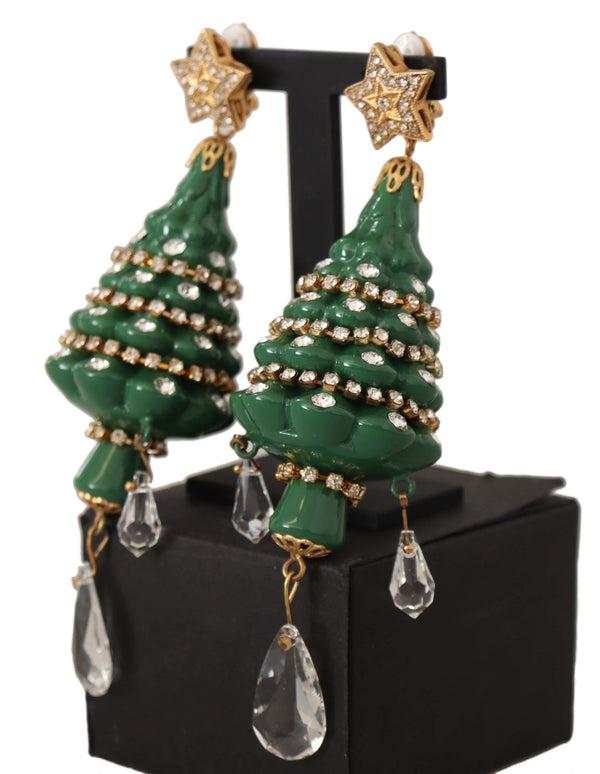 Gold Christmas Tree Crystals Brass Clip On Earrings