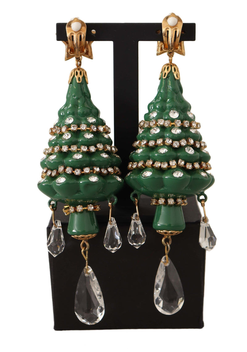 Gold Christmas Tree Crystals Brass Clip On Earrings