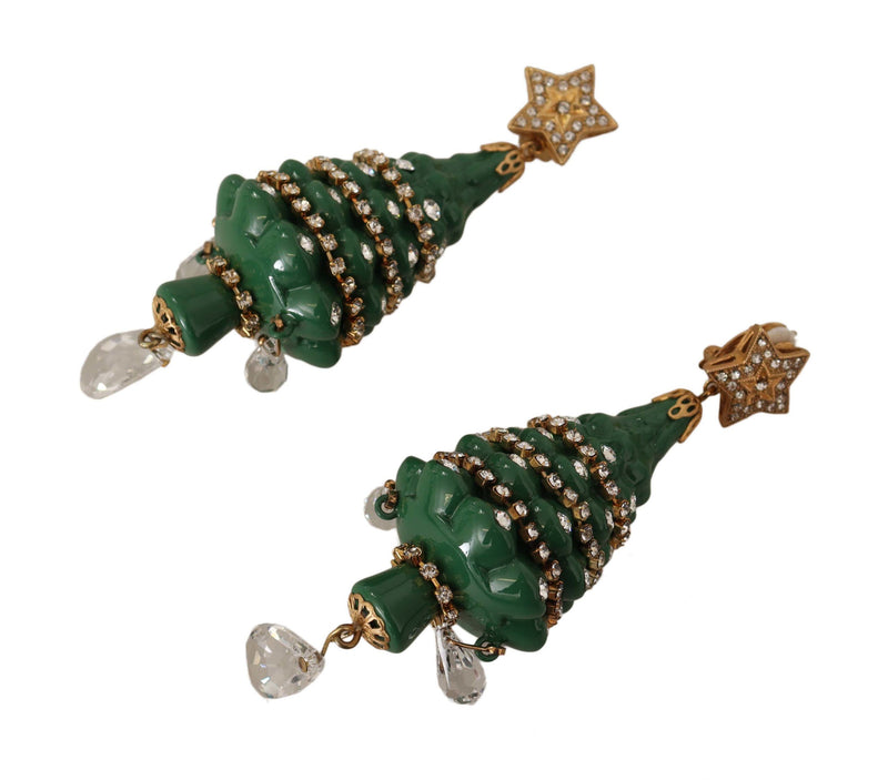 Gold Christmas Tree Crystals Brass Clip On Earrings