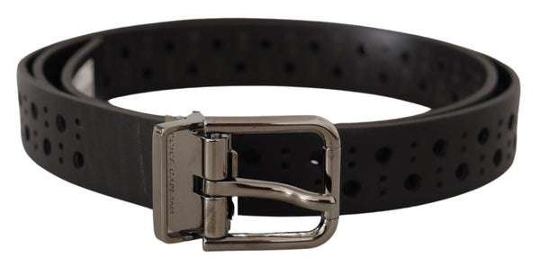 Black Calf Leather Perforated Metal Buckle Belt