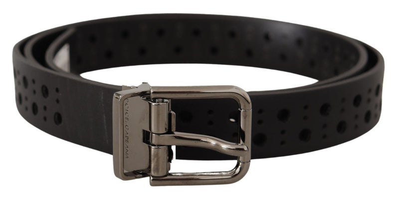 Black Calf Leather Perforated Metal Buckle Belt