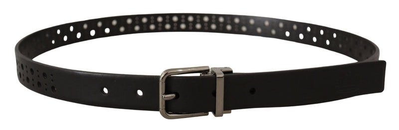 Black Calf Leather Perforated Metal Buckle Belt