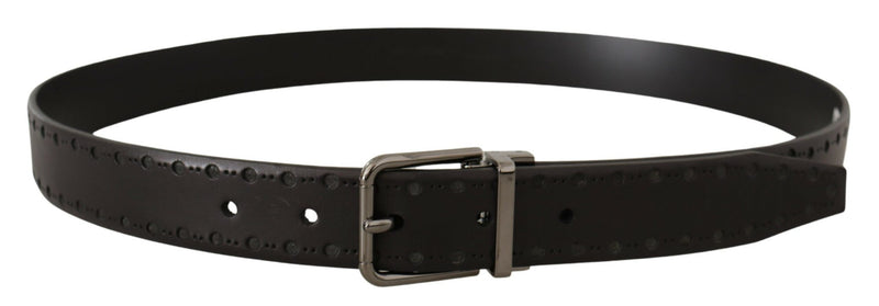 Black Leather Perforated Logo Metal Buckle Belt