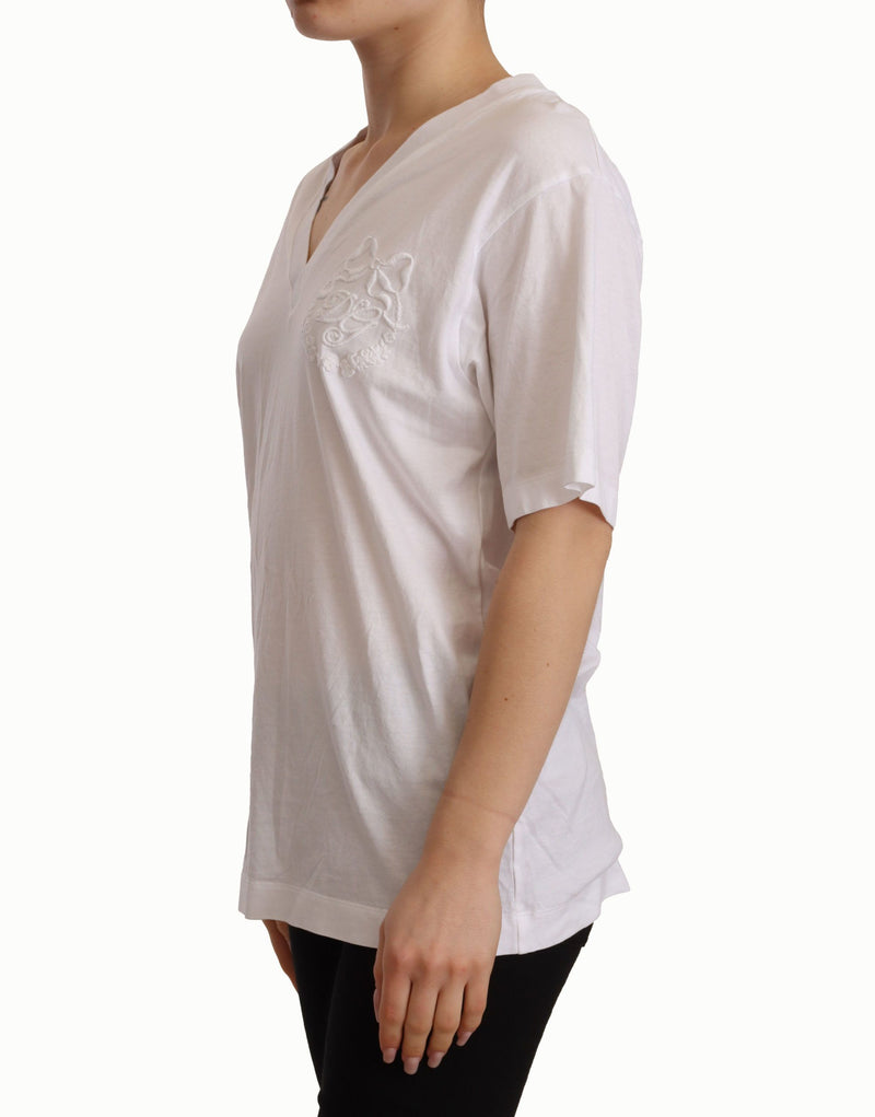 White Solid V-neck Cotton Logo Casual  T-shirt