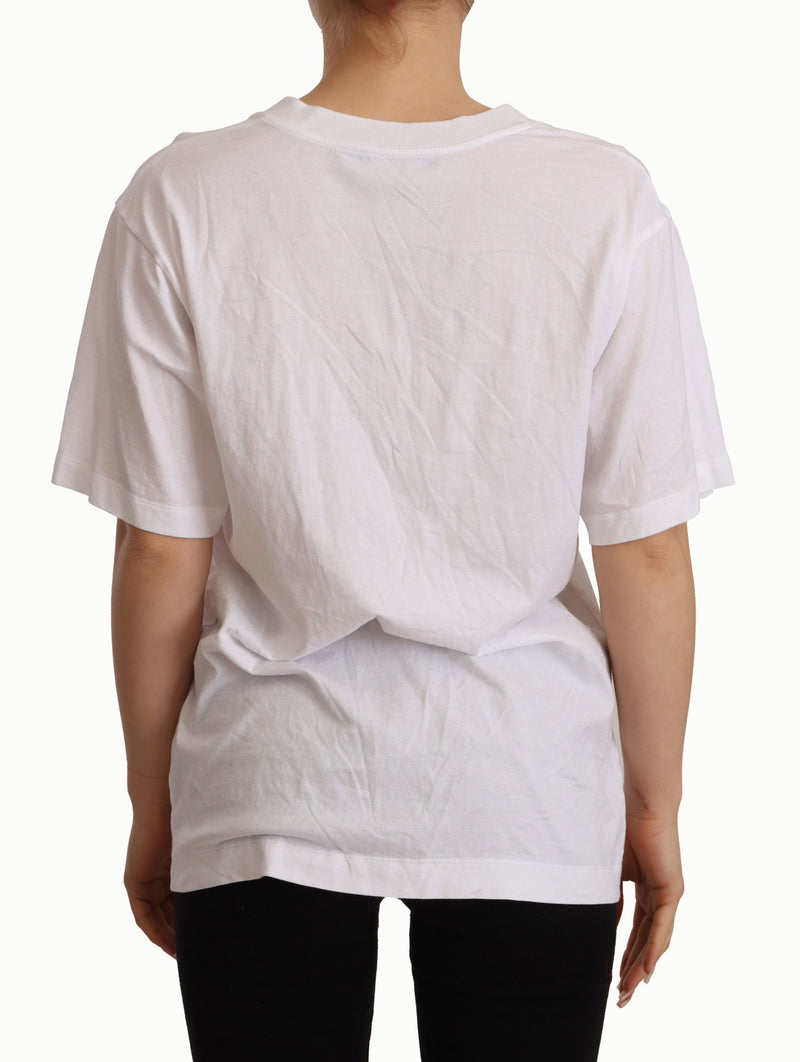 White Solid V-neck Cotton Logo Casual  T-shirt