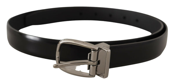 Black Calf Leather Chrome Metal Logo Buckle Belt