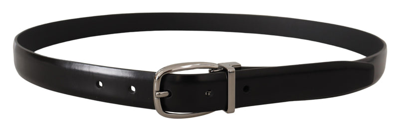 Black Calf Leather Chrome Metal Logo Buckle Belt