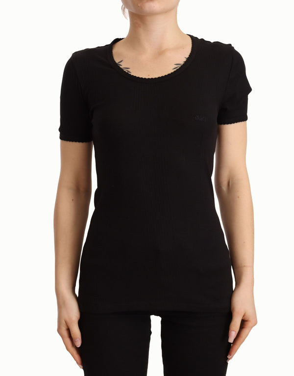 Black Cotton Round Neck Short Sleeves T-shirt Top