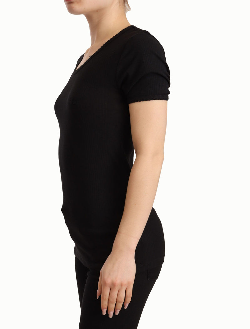 Black Cotton Round Neck Short Sleeves T-shirt Top