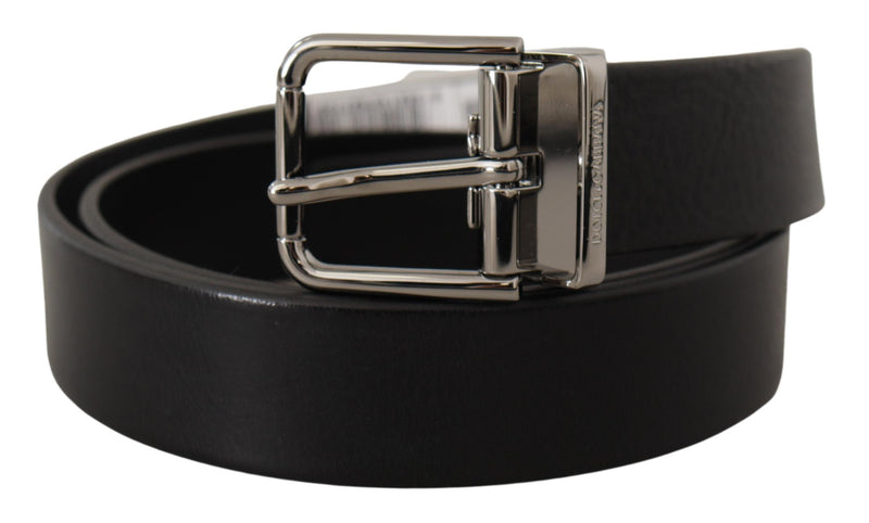 Black Calf Leather Logo Engraved Metal Buckle Belt