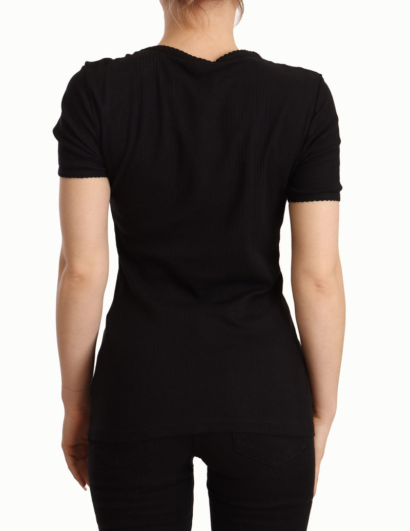 Black Cotton Round Neck Short Sleeves T-shirt Top