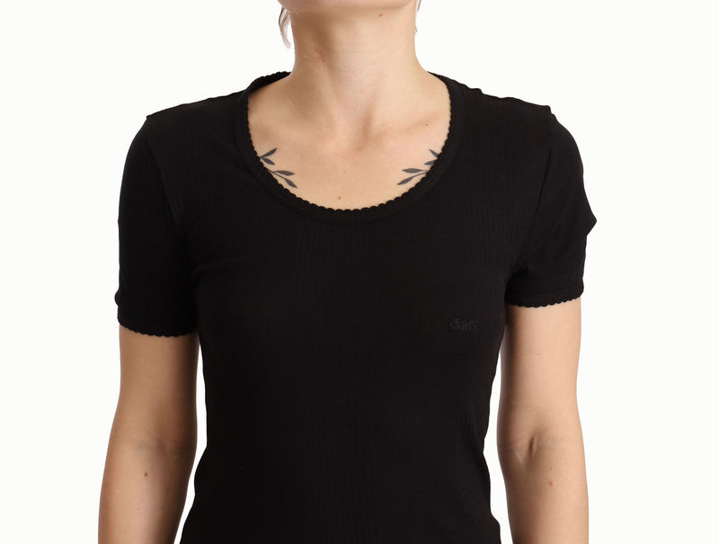 Black Cotton Round Neck Short Sleeves T-shirt Top