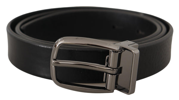 Black Calf Leather Chrome Metal Logo Buckle Belt