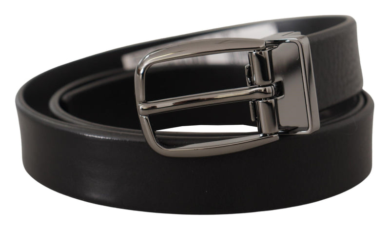 Black Calf Leather Chrome Metal Logo Buckle Belt