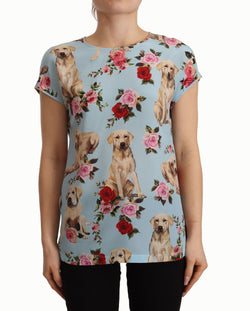 Light Blue Floral Dog Print Silk Blouse Top