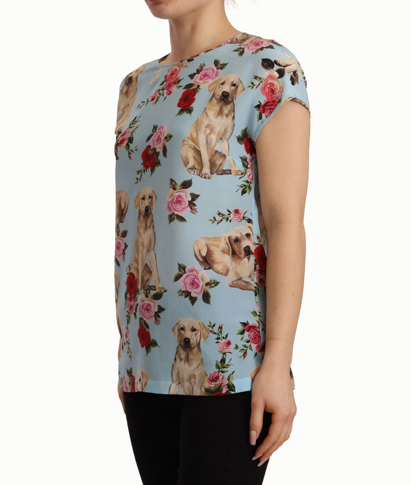 Light Blue Floral Dog Print Silk Blouse Top