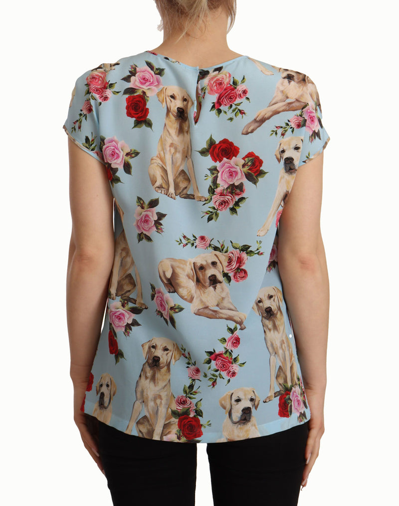 Light Blue Floral Dog Print Silk Blouse Top