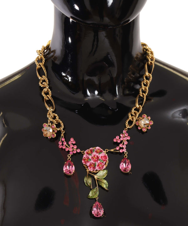 Gold Brass Chain Crystal Floral Roses Jewelry Necklace