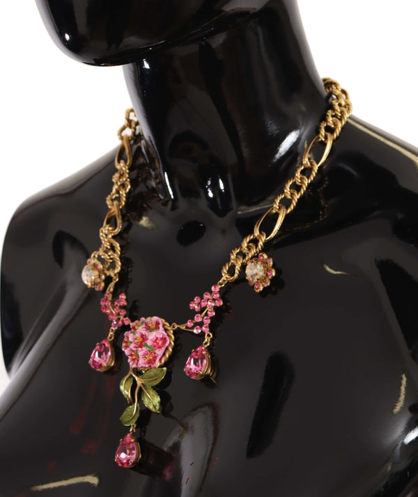 Gold Brass Chain Crystal Floral Roses Jewelry Necklace