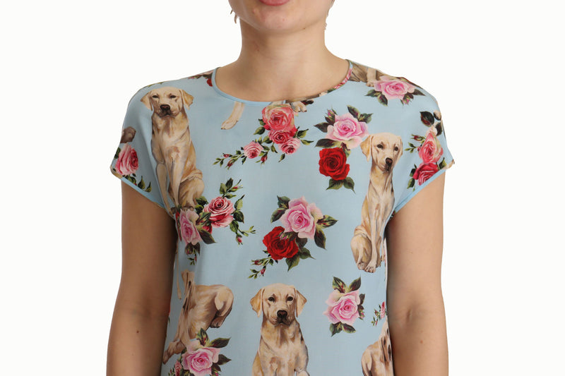 Light Blue Floral Dog Print Silk Blouse Top