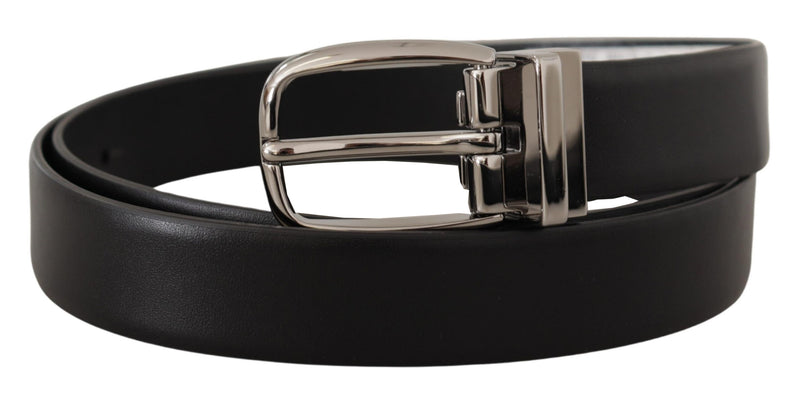 Black Leather Silver Metal Chrome Logo Buckle  Belt