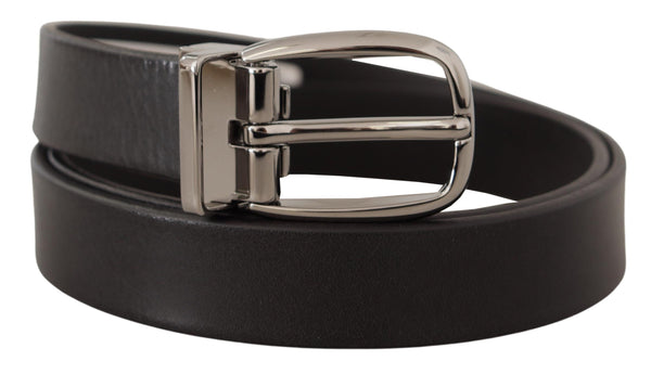 Black Leather Silver Tone Chrome Metal Buckle Belt