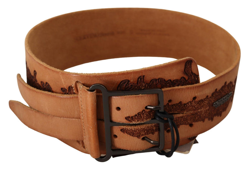 Brown Genuine Leather Black Logo Buckle Belt