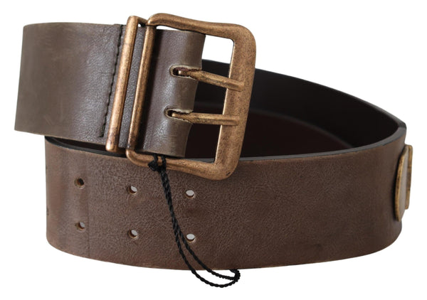 Brown Leather Wide Bronze Buckle Waist Belt