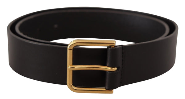 Black Calf Leather Gold Tone Logo Metal Buckle Belt